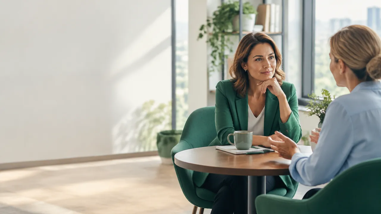 Una directiva conversa con un coach en una sesión individual de liderazgo consciente.