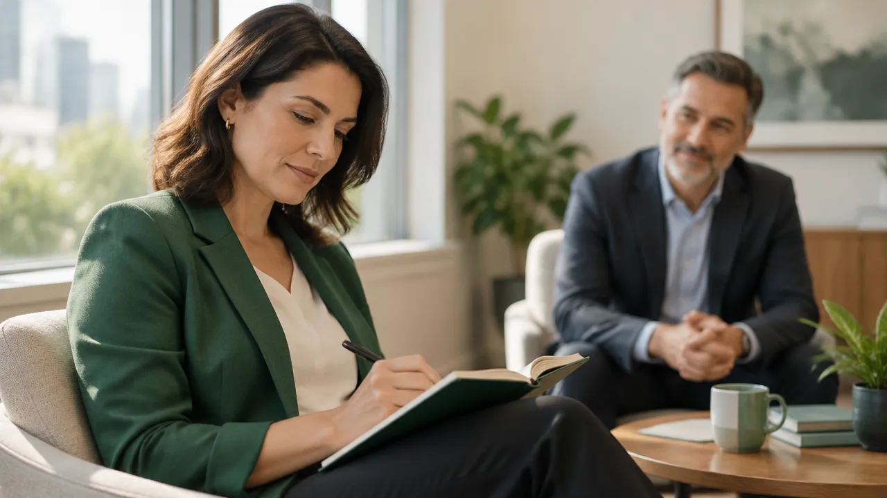 Una directiva revisa sus decisiones con calma durante un proceso de coaching ejecutivo.