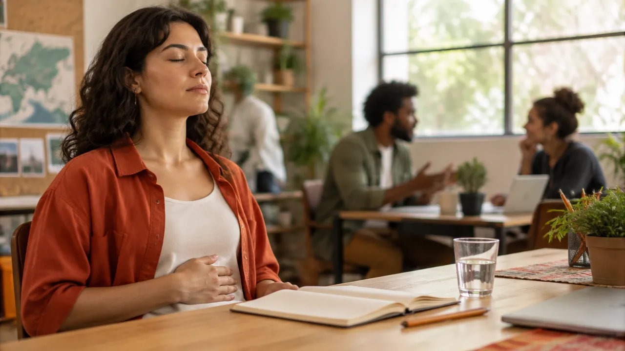 Una emprendedora social respira con atención antes de conversar con su equipo
