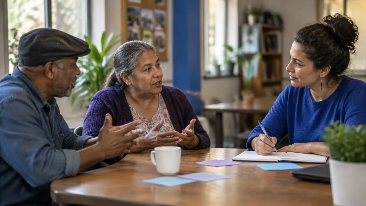 Una facilitadora escucha a residentes durante una conversación comunitaria sobre sus necesidades y prioridades