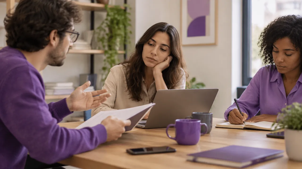 Una integrante comparte sus ideas mientras otra persona escucha con distancia durante una reunión.