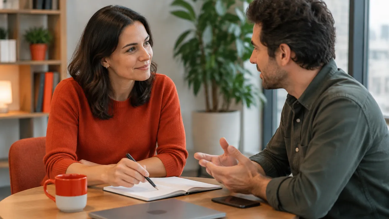 Una líder escucha a un compañero y acuerdan un siguiente paso práctico en una conversación de equipo