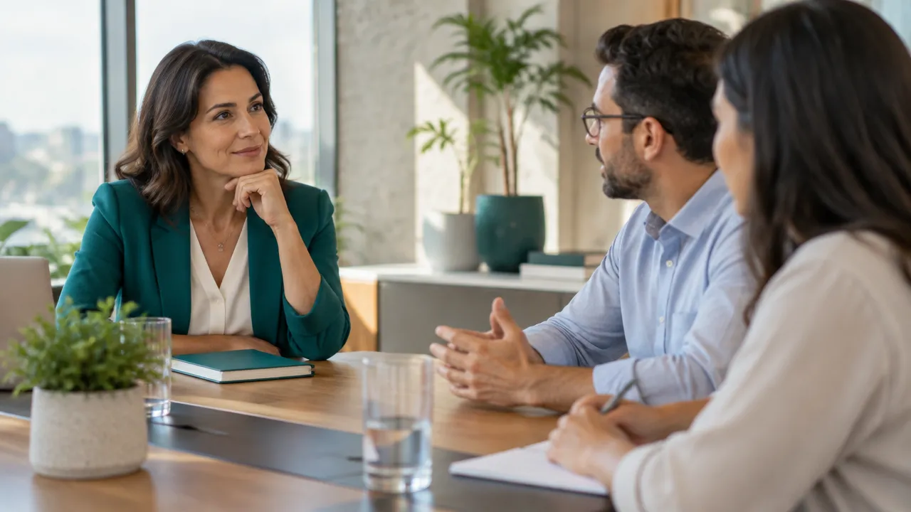 Una líder escucha con calma la retroalimentación de su equipo durante una reunión de trabajo.
