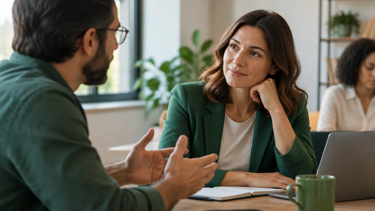 Una líder escucha con empatía a un colega durante una conversación de trabajo