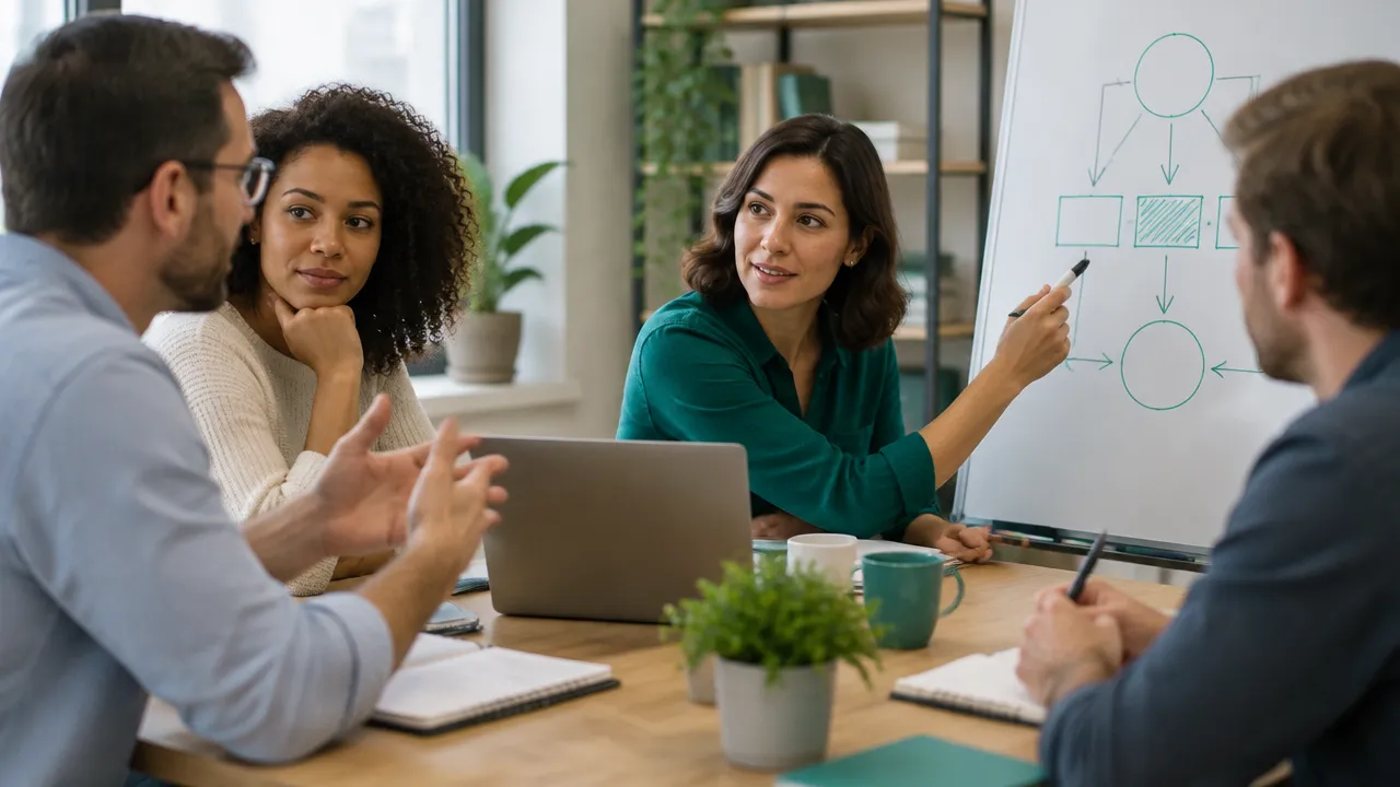 Una líder facilita la revisión de un problema y anima al equipo a proponer soluciones