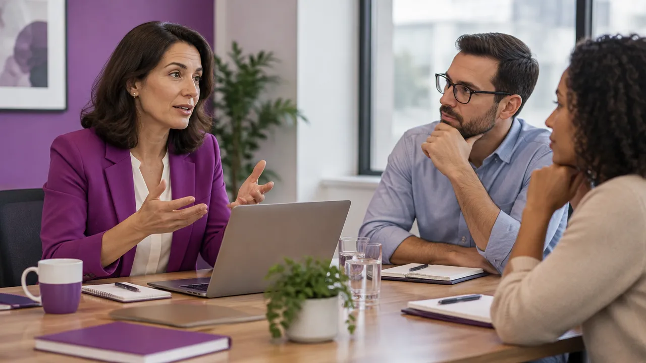 Una líder reconoce un error ante su equipo en una conversación serena que transmite confianza y responsabilidad.
