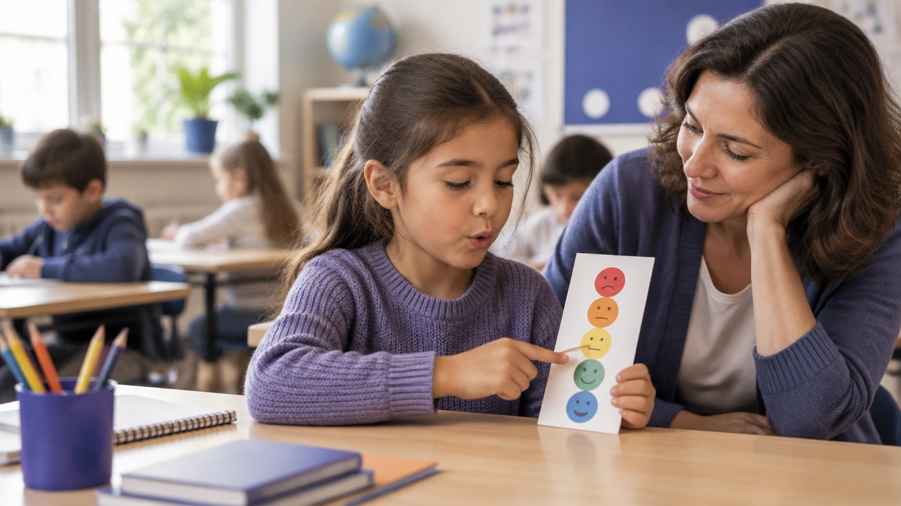 Una maestra acompaña a una niña en un ejercicio de respiración y reconocimiento emocional en el aula