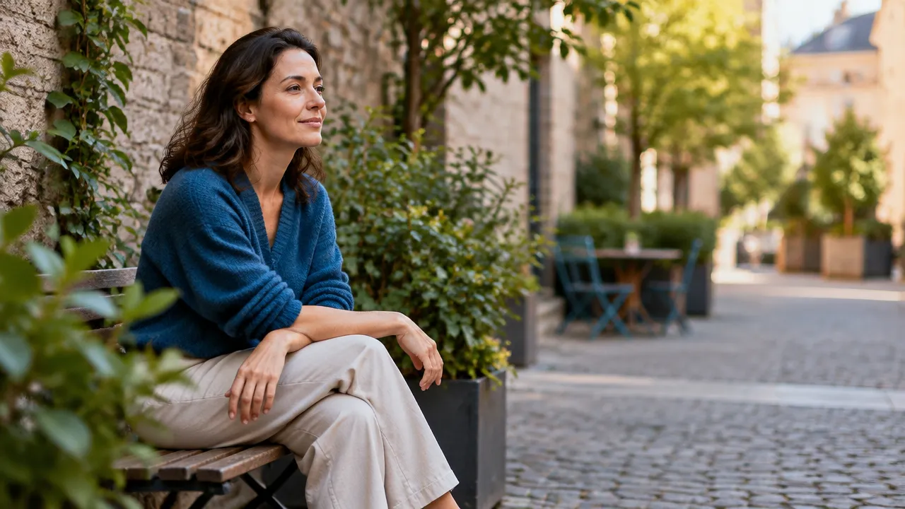Una mujer disfruta de una pausa tranquila en un patio verde dentro de la ciudad