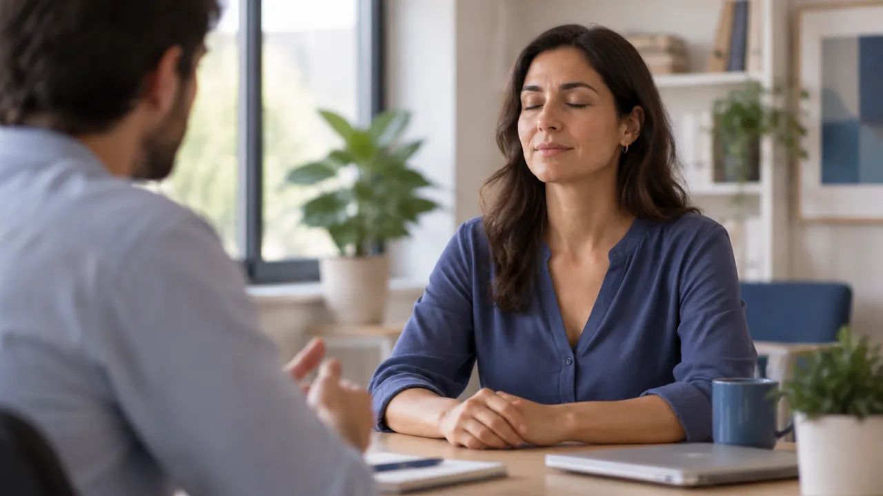 Una mujer hace una pausa reflexiva antes de responder durante una conversación en el trabajo