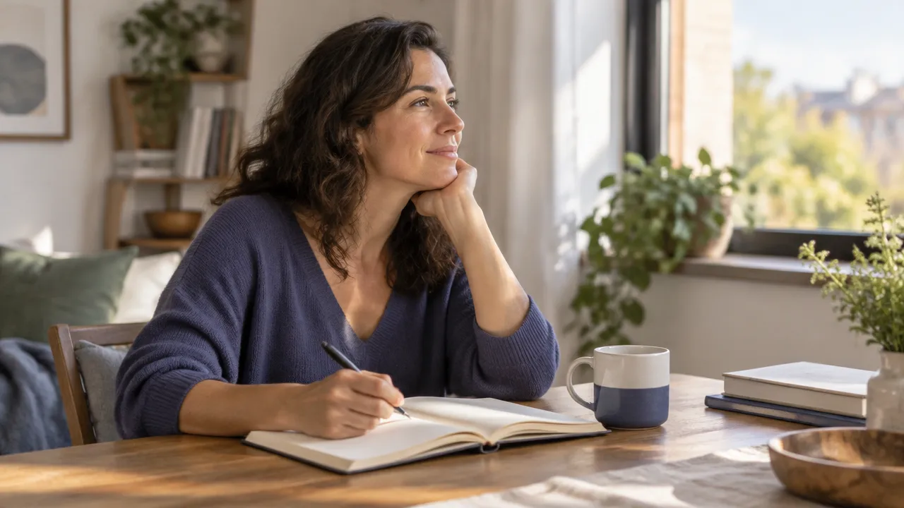 Una mujer reflexiona y escribe en un cuaderno para reconocer sus límites y necesidades personales.