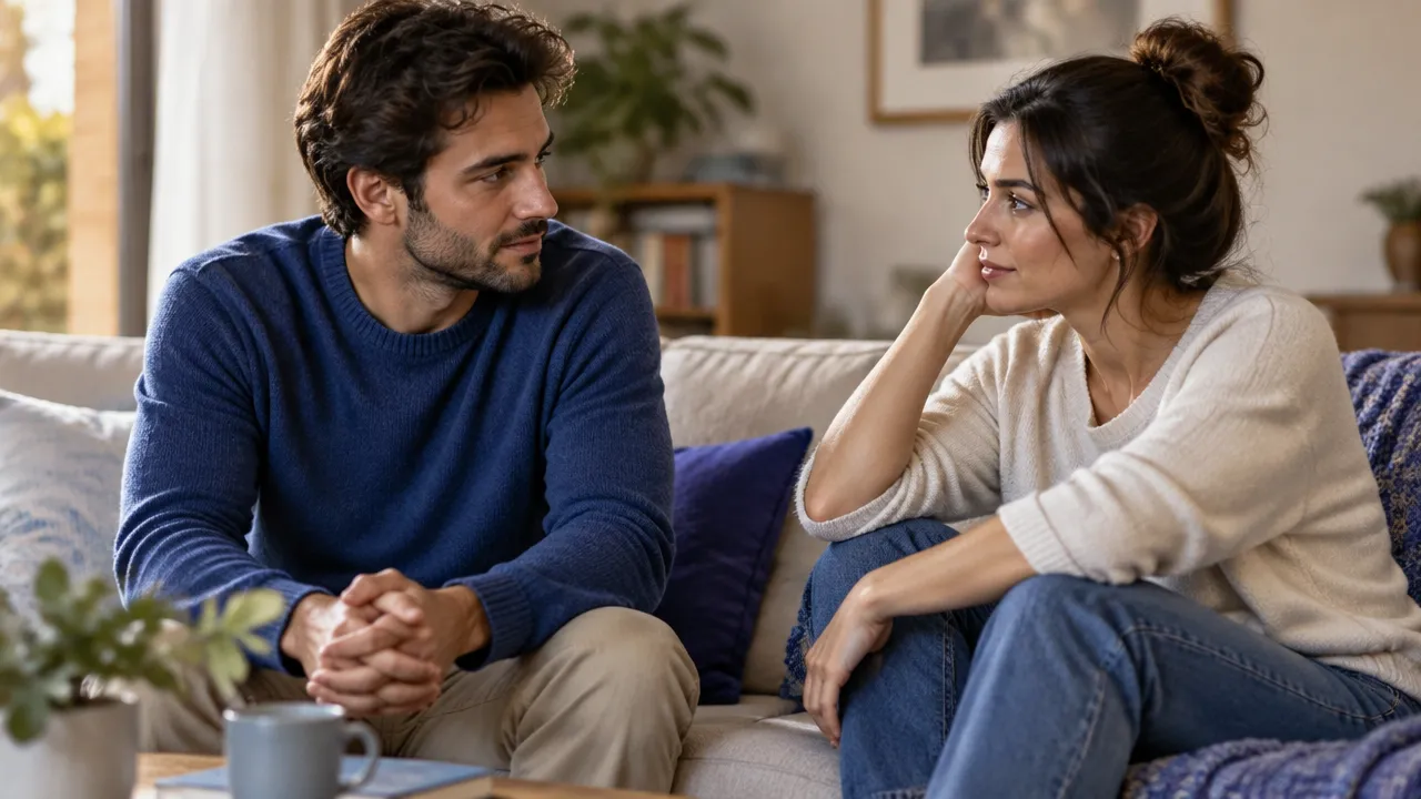 Una pareja adulta hace una pausa y retoma una conversación difícil con escucha y disposición para reparar el vínculo.