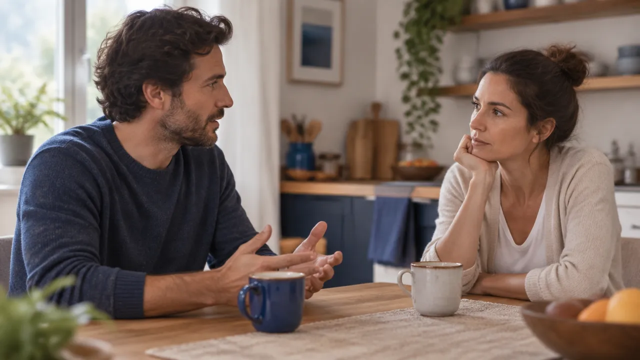 Una pareja conversa con calma en la cocina mientras una persona escucha con atención.