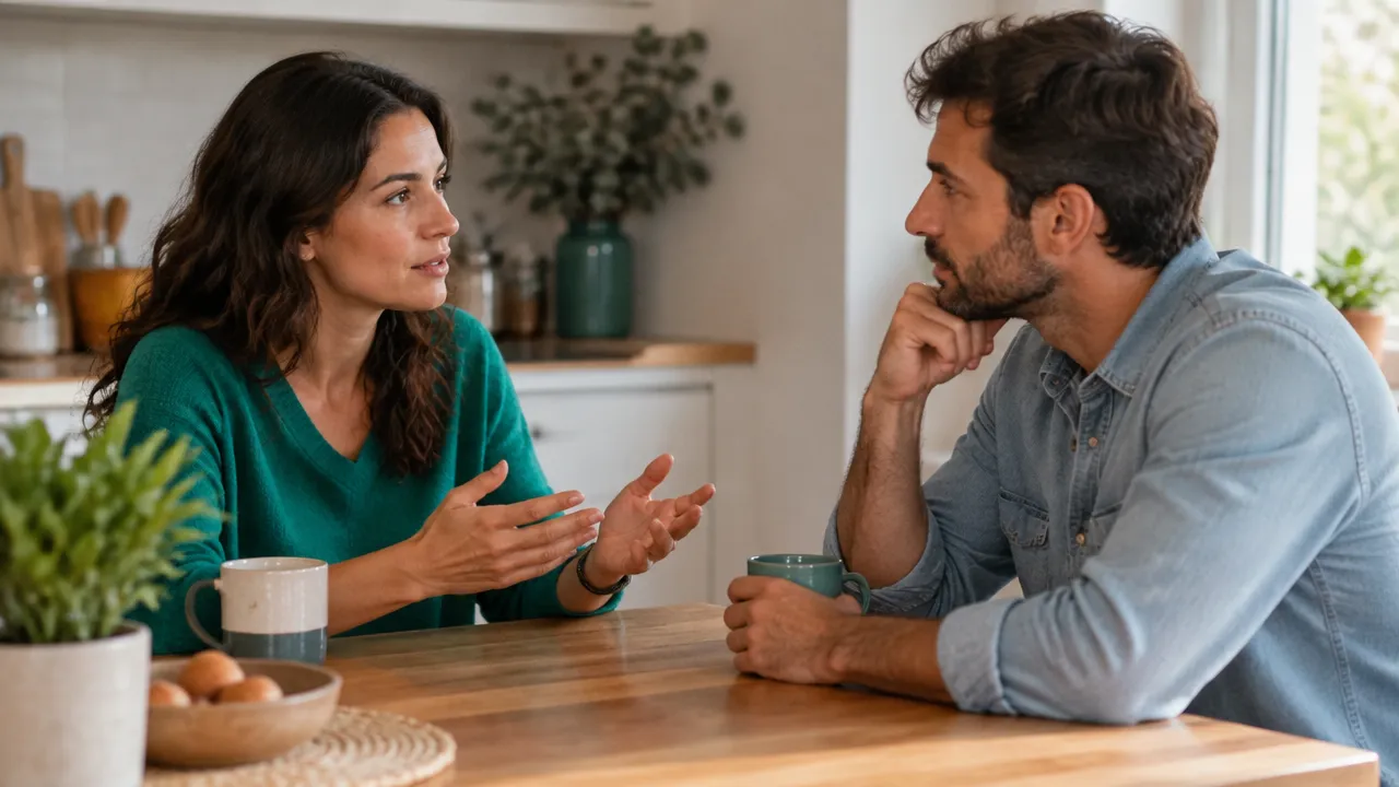 Una pareja conversa con escucha respetuosa durante un momento de tensión, mostrando una forma consciente de manejar necesidades distintas.