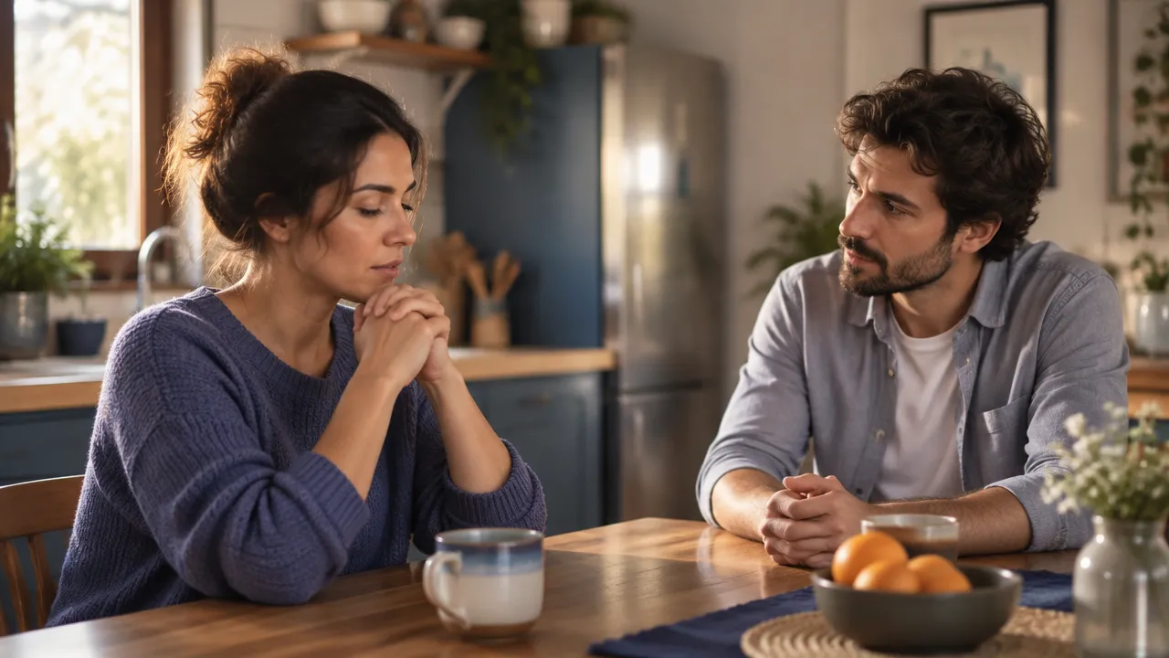 Una pareja hace una pausa y se escucha durante un desacuerdo, mostrando una respuesta consciente a los patrones relacionales.