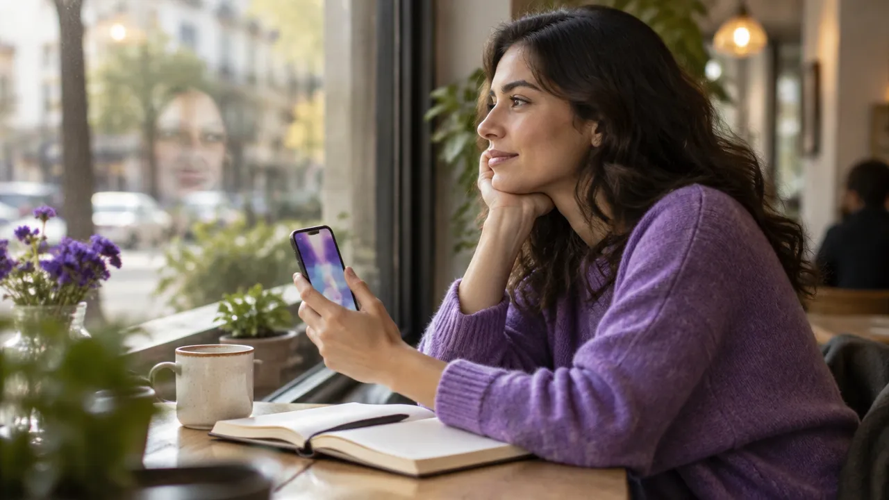 Una persona compara la pantalla de su teléfono con su reflejo mientras anota sus pensamientos en una libreta.