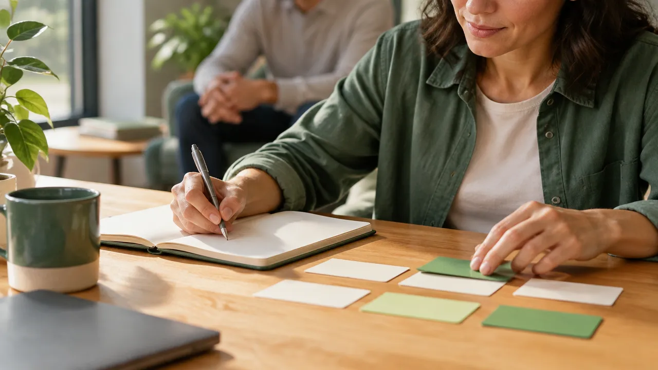 Una persona convierte un objetivo de desarrollo personal en pasos concretos durante una sesión de coaching