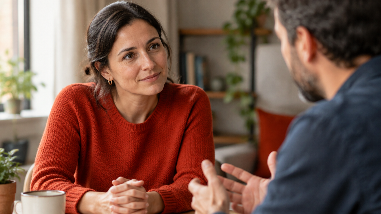 Una persona escucha con atención a otra durante una conversación difícil