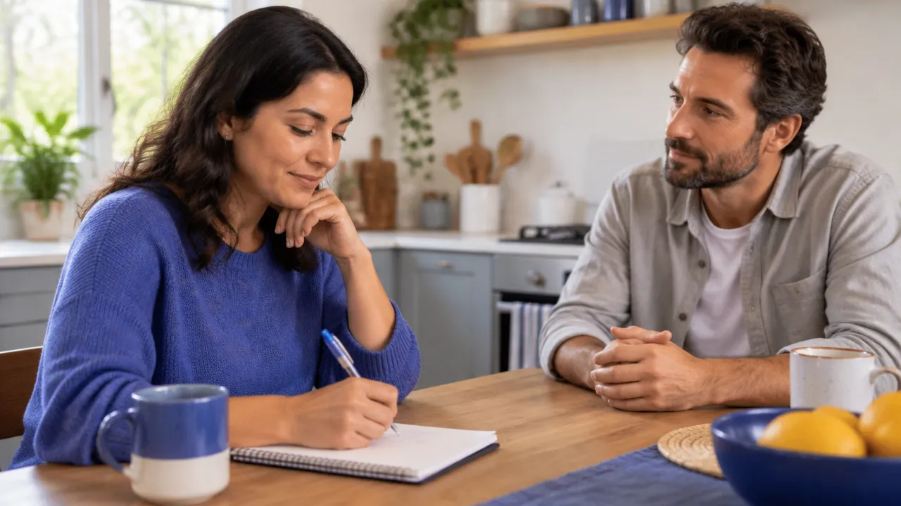 Una persona hace una pausa y ordena sus ideas antes de conversar, mientras la otra escucha con receptividad.