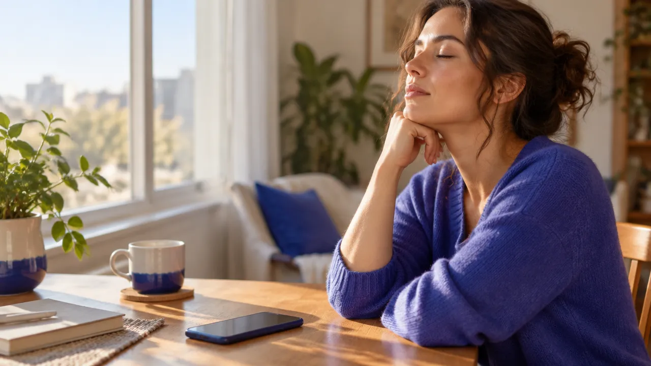 Una persona hace una pausa y respira antes de revisar su teléfono, como práctica de autorregulación emocional.