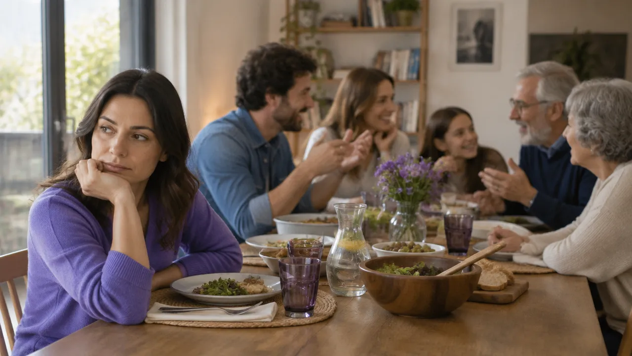 Una persona queda al margen de una conversación durante una comida familiar, una escena que representa la exclusión sutil en grupos familiares.