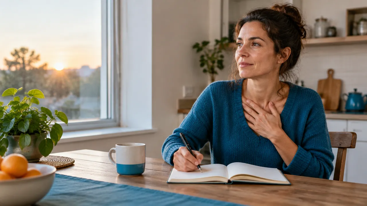 Una persona reflexiona y escribe en un cuaderno para reconocer sus emociones y elegir cómo responder.