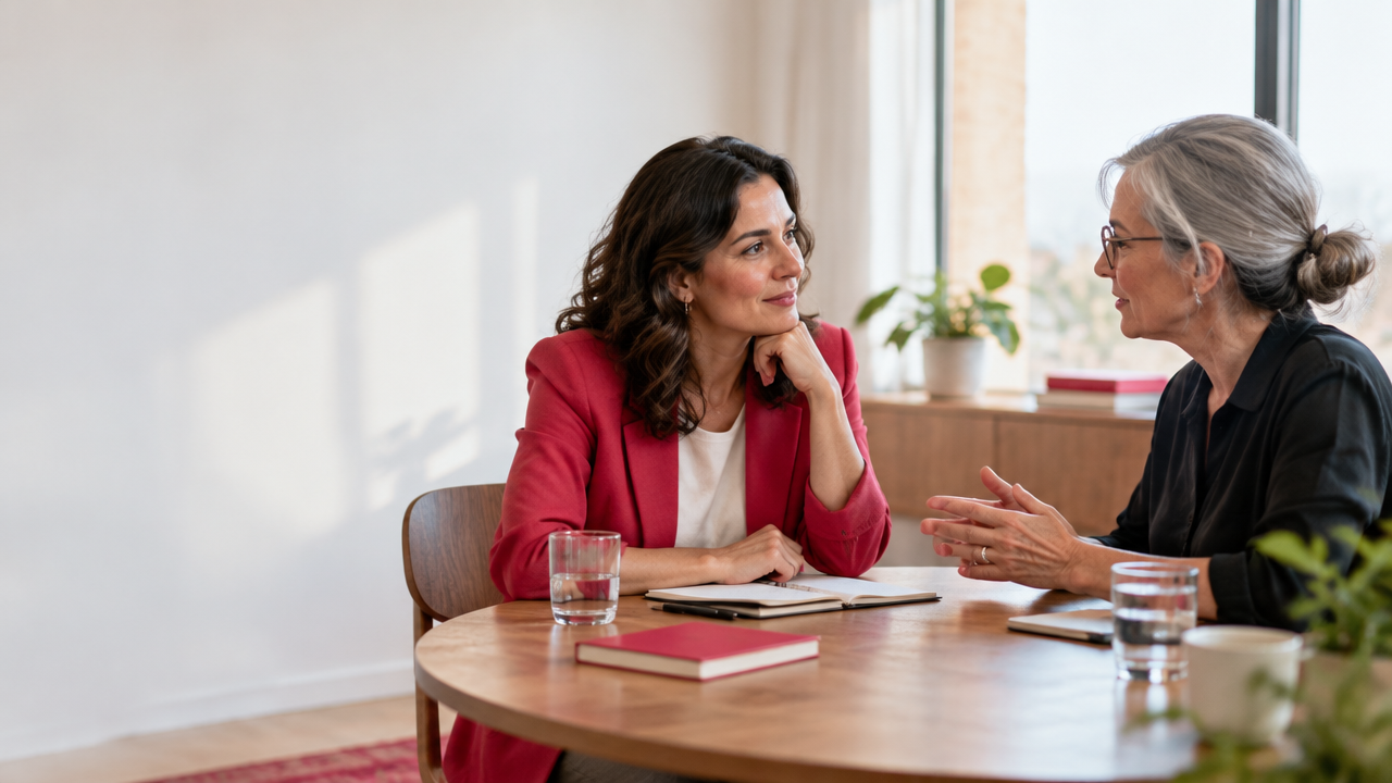 Una profesional conversa con una mentora externa para reflexionar sobre sus decisiones de liderazgo.