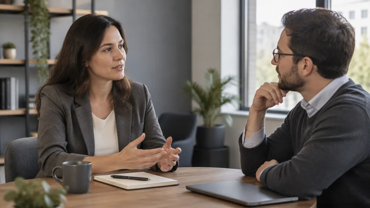 Una profesional plantea una necesidad con serenidad mientras un compañero escucha durante una conversación laboral.