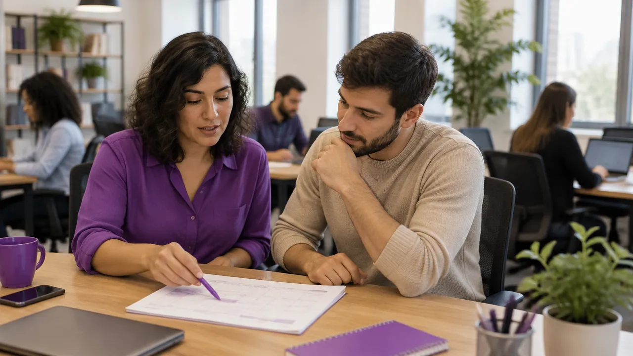 Una responsable y un compañero planifican prioridades de trabajo en una conversación colaborativa