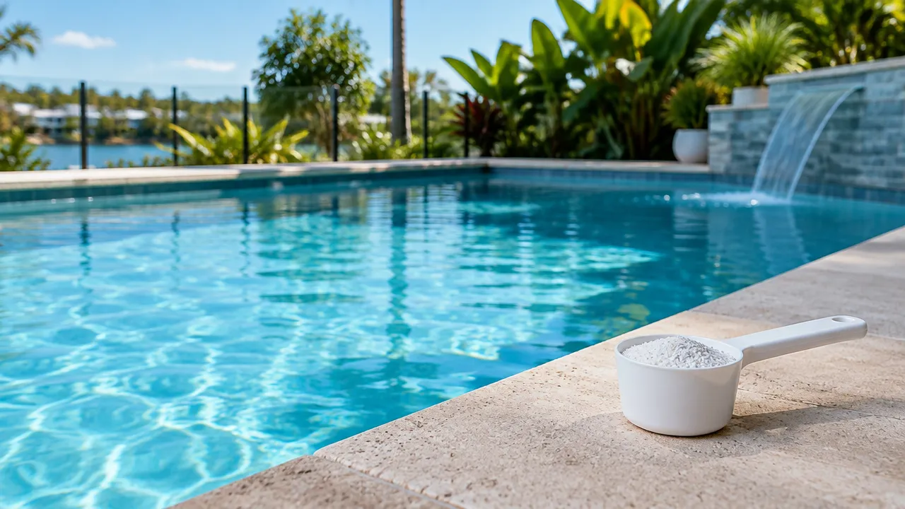 Unbranded chlorine granules beside a sunlit Australian backyard pool