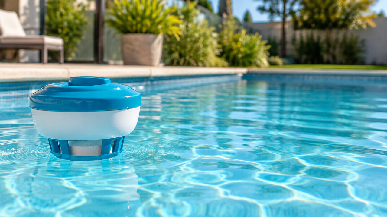 Unbranded floating dispenser releasing chlorine slowly into pool water