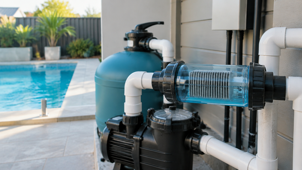 Unbranded pool chlorinator cell and circulation equipment beside a residential pool