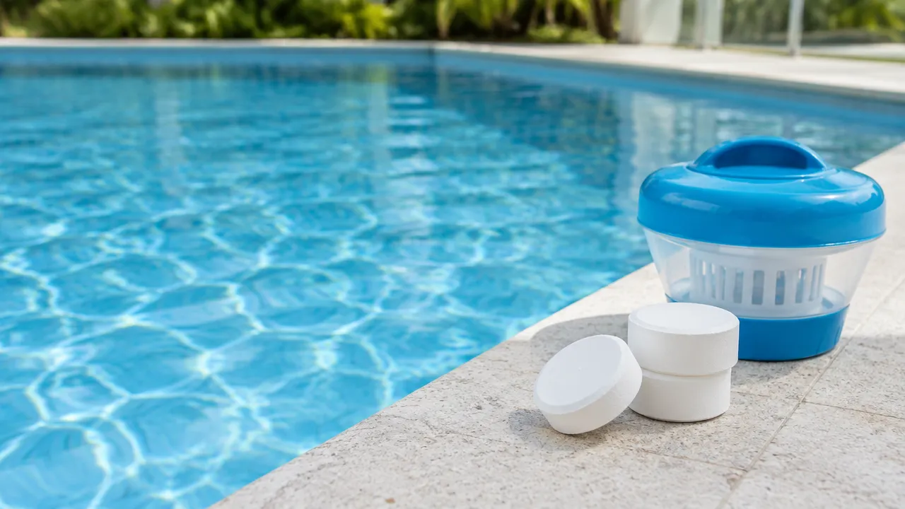 Unbranded slow-dissolving chlorine tablets and a floating dispenser beside a residential pool
