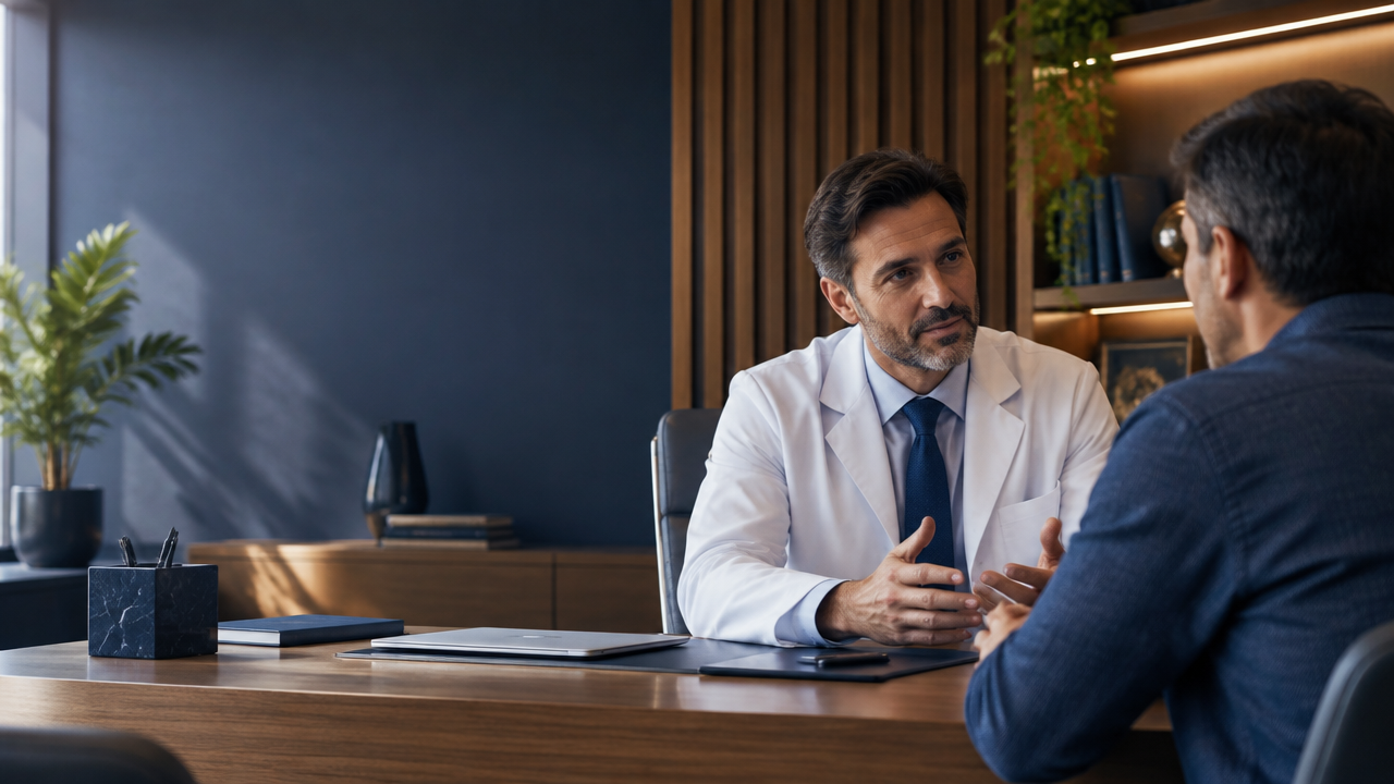 Urologista conversa com paciente em consultório discreto e acolhedor
