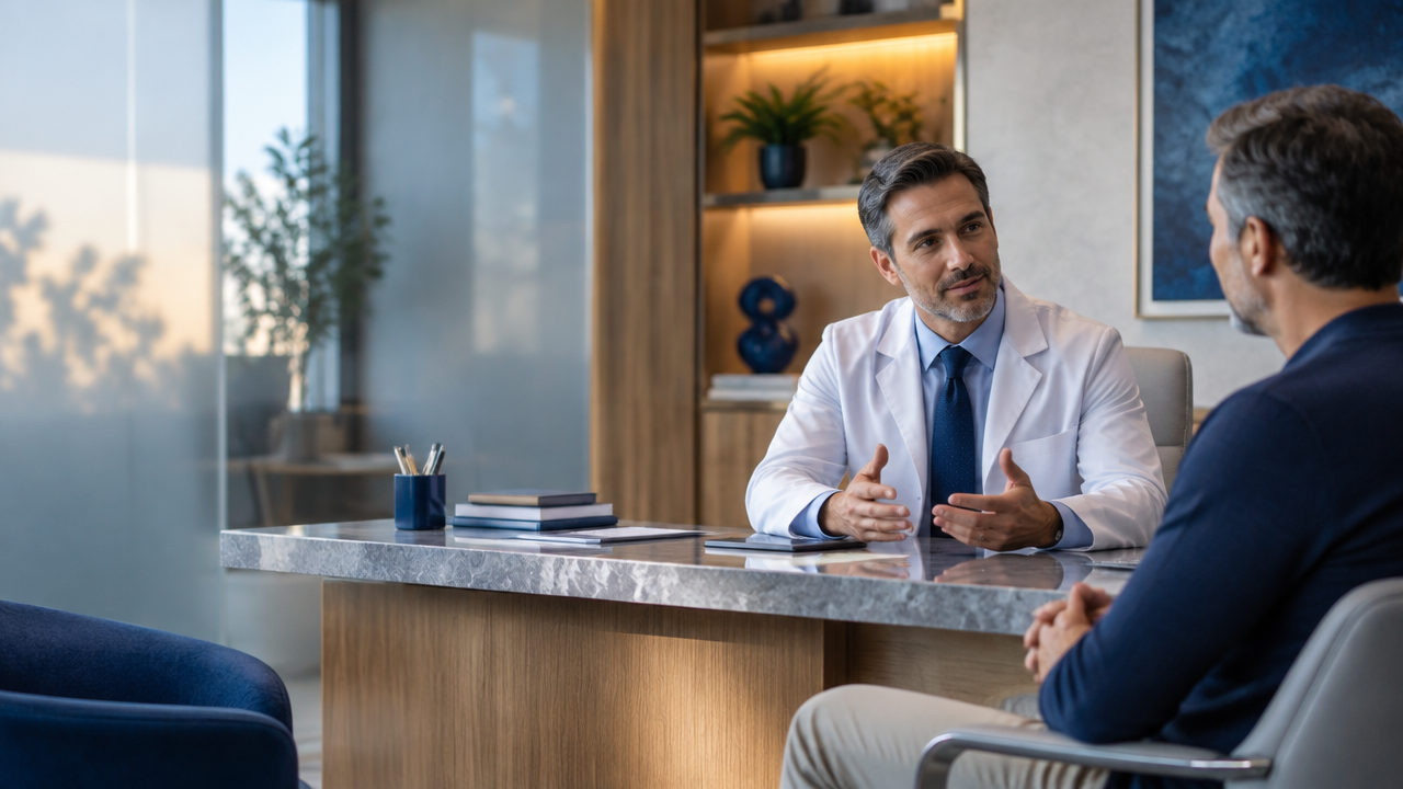 Urologista conversa com paciente em consultório particular acolhedor e elegante