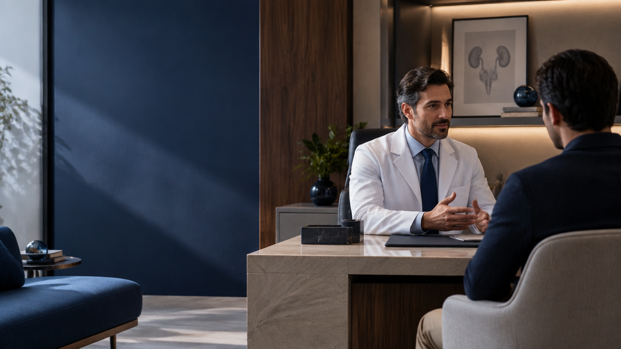 Urologista conversa com paciente em consultório reservado sobre saúde íntima masculina