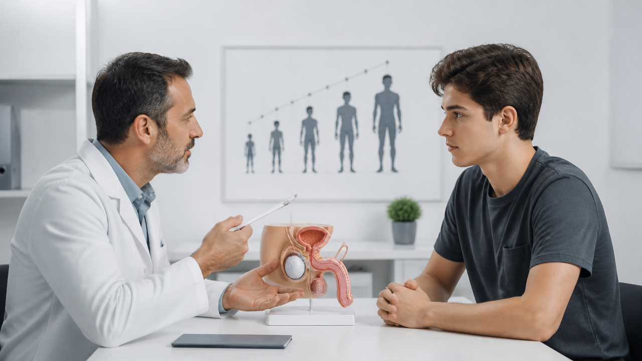 Urologista explicando ao paciente como a puberdade influencia o crescimento genital