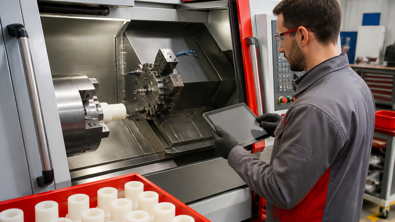 Usinagem CNC de componente técnico em polímero de engenharia branco