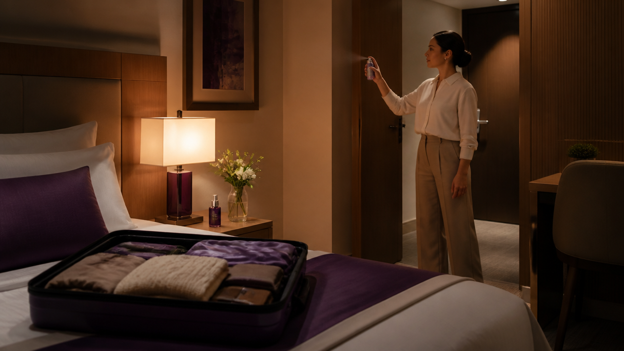 Uso do spray de proteção energética para harmonizar quarto de hotel durante a viagem