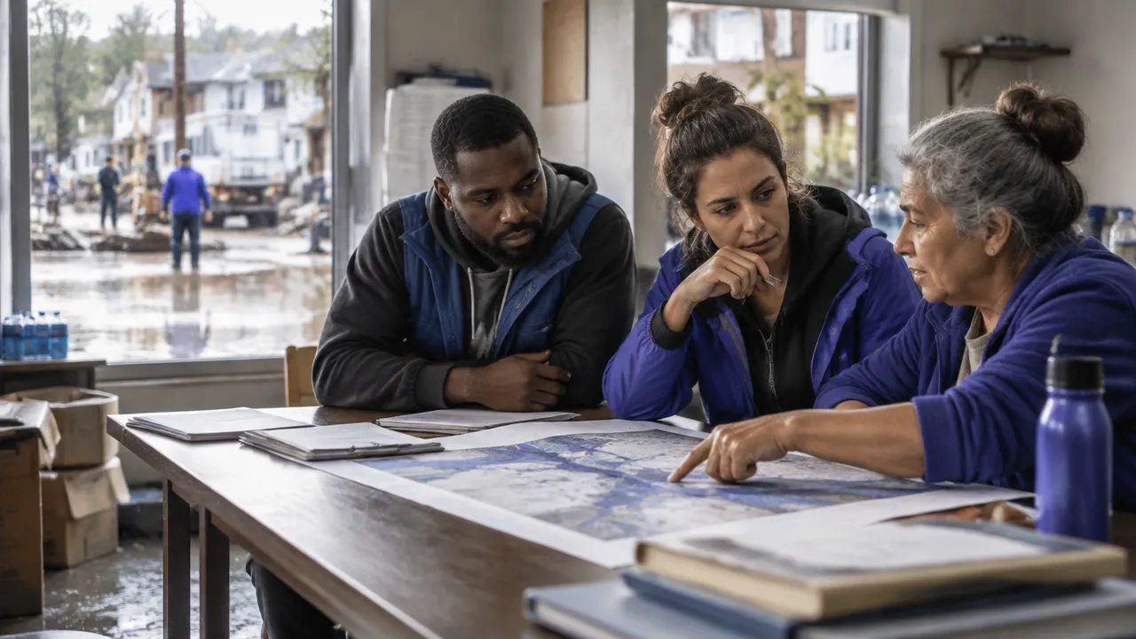 Vecinos deliberan sobre prioridades de recuperación tras una inundación, con un mapa comunitario sobre la mesa.