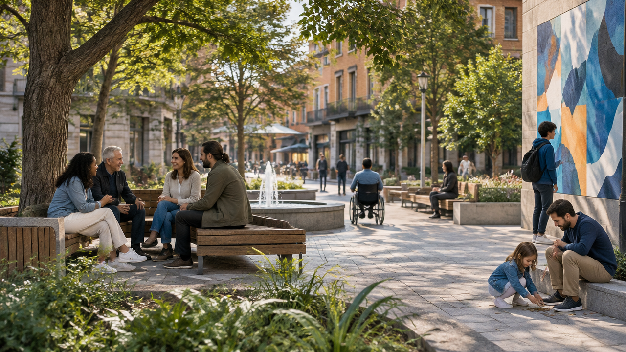 Vecinos diversos conversan en una plaza de barrio accesible rodeada de árboles y bancos