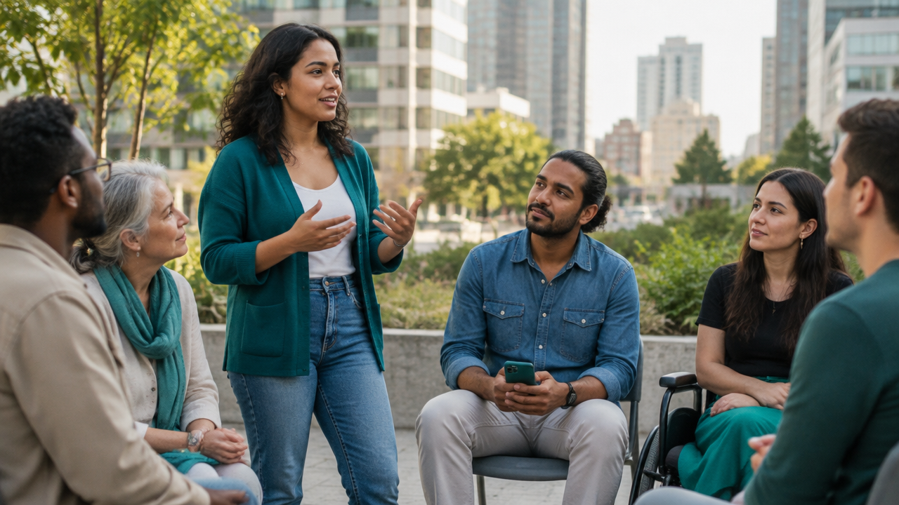 Vecinos diversos dialogan en una reunión comunitaria sobre inclusión y derechos en la vida digital y urbana