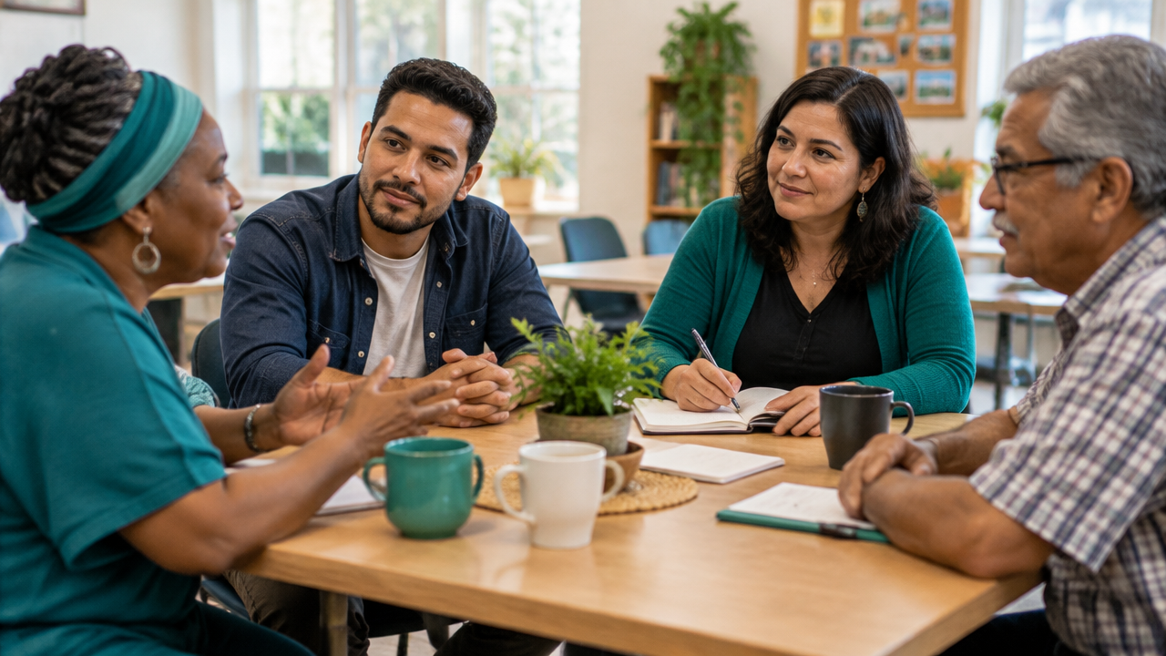 Vecinos participan en una conversación comunitaria mientras una facilitadora escucha y toma notas.