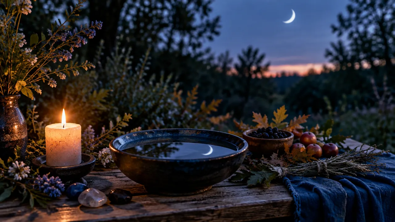 Vela, folhas sazonais e água sob a lua evocam celebrações wiccanas