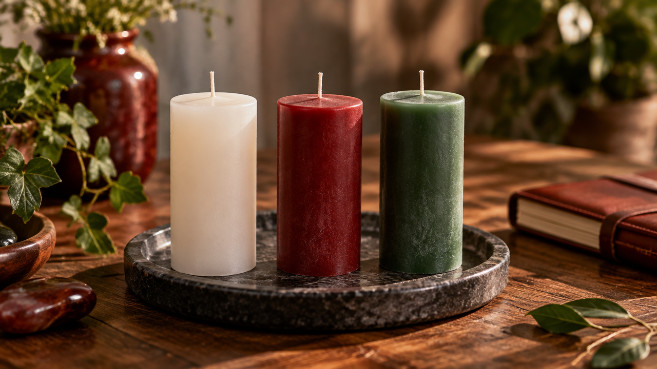 Velas brancas, vermelhas e verdes apagadas sobre um prato resistente, representando simbolismos tradicionais das cores