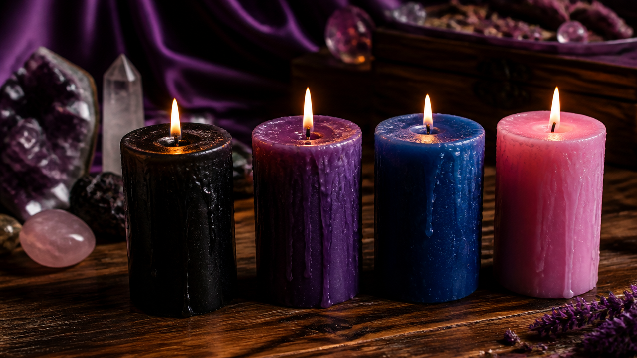 Velas preta, violeta, azul e rosa alinhadas para representar diferentes intenções de encerramento de ciclos