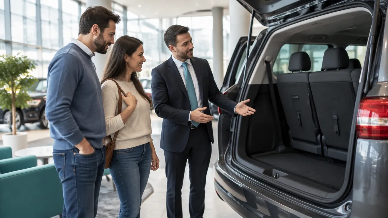 Vendedor de concessionária conversa com casal ao lado de uma minivan familiar genérica