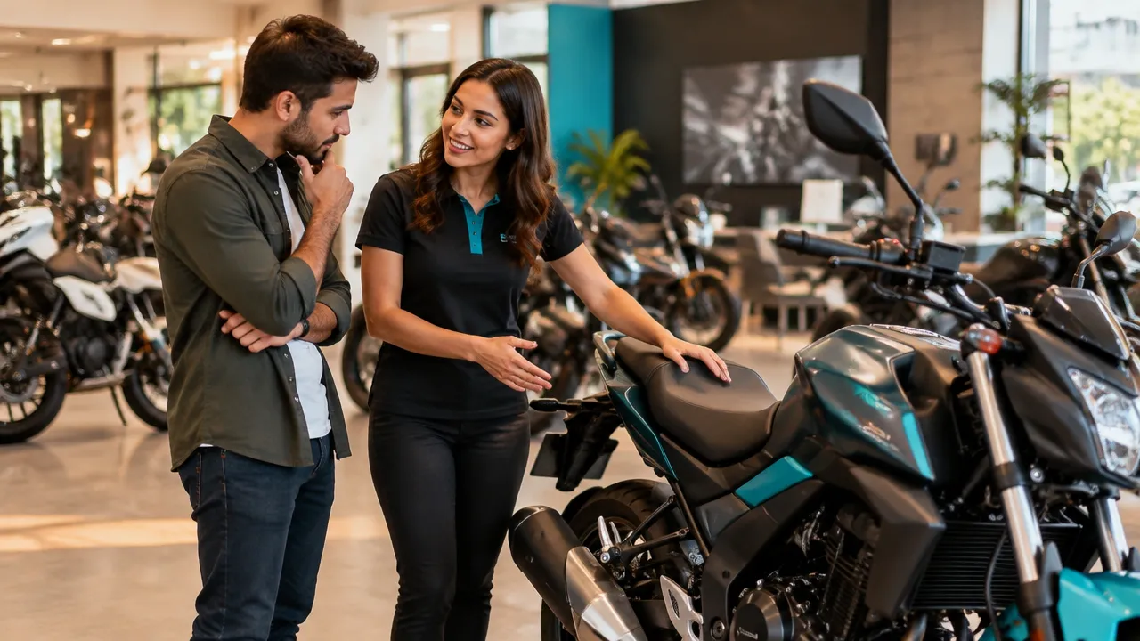 Vendedor de concessionária identifica as necessidades do cliente ao lado de uma motocicleta