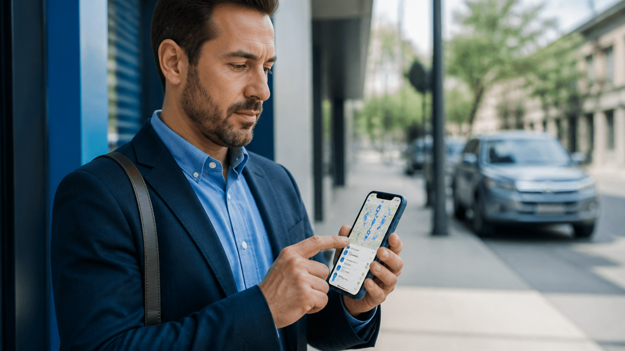 Vendedor em campo consultando no celular uma lista priorizada de leads e rota de visitas.
