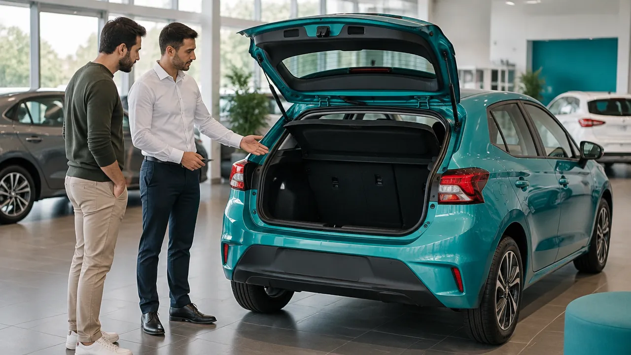 Vendedor explica a versatilidade de um hatch compacto a um cliente no showroom