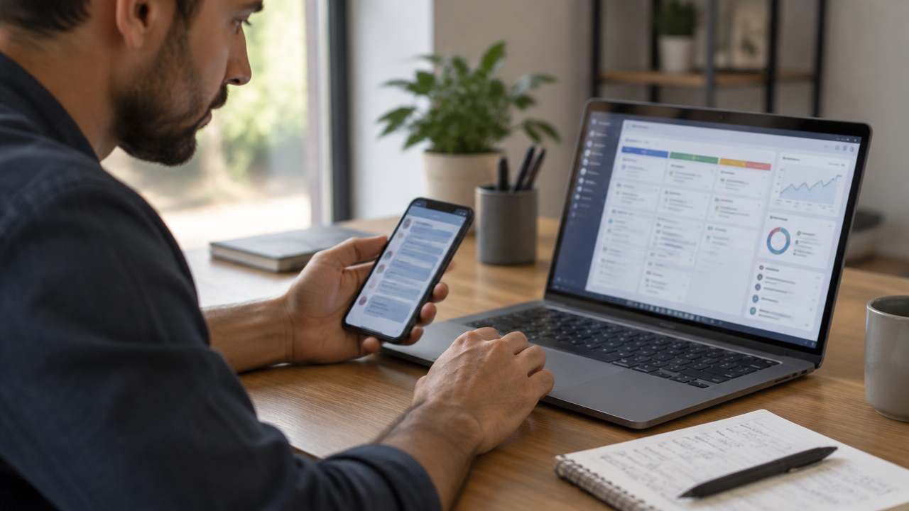 Vendedor testa o acompanhamento de uma oportunidade no computador e prepara um retorno pelo celular